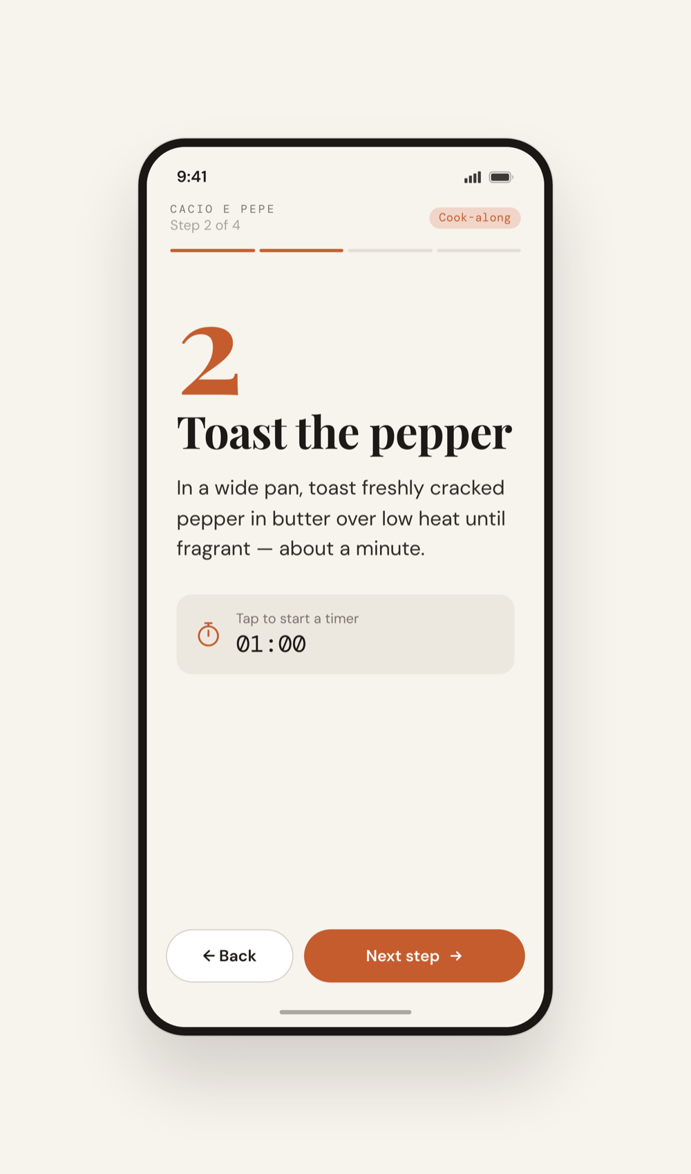 Cook-along step-by-step mode