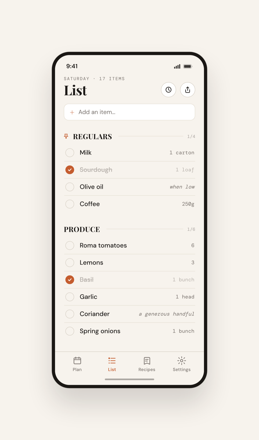 Pantry grocery list, grouped by aisle